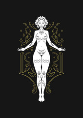 Aquarius woman goddess zodiac astrology antique silhouette line art deco vector illustration