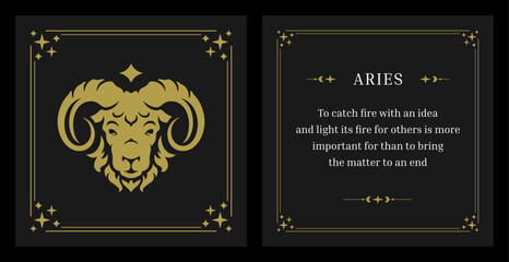 Aries zodiac astrology symbol description vintage card design template set vector illustration