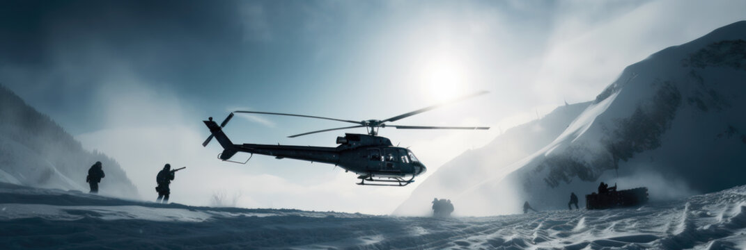 Covert mission.  A black hellicopter and a group of highly trained soldiers or ranger team dressed in black. classified mission, undercover activity concept. Generative AI based.   