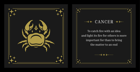 Cancer zodiac horoscope vintage card design template set with description vector illustration