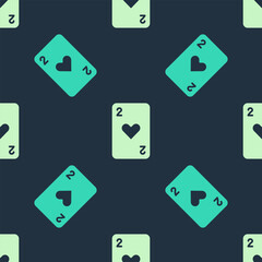 Green and beige Playing card with heart symbol icon isolated seamless pattern on blue background. Casino gambling. Vector