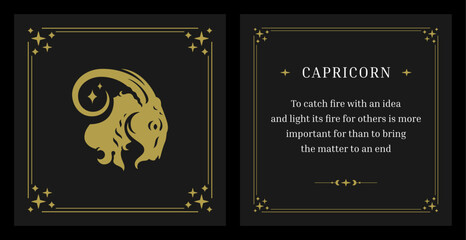 Capricorn zodiac golden vintage description black card design template set vector illustration © provectors