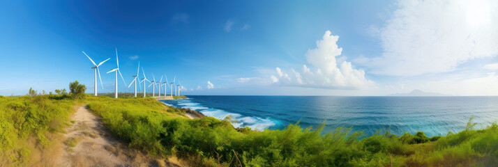 A wind farm at a beautiful seaside lactation. Wind turbine generators with beautiful ocean coast. renewable energy, nature, concept. Generative AI.