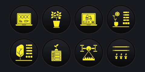 Set Plant status, Flower, Smart farming technology, with drone, Laptop application for smart, pot, bulb and plant and Genetic engineering modification icon. Vector