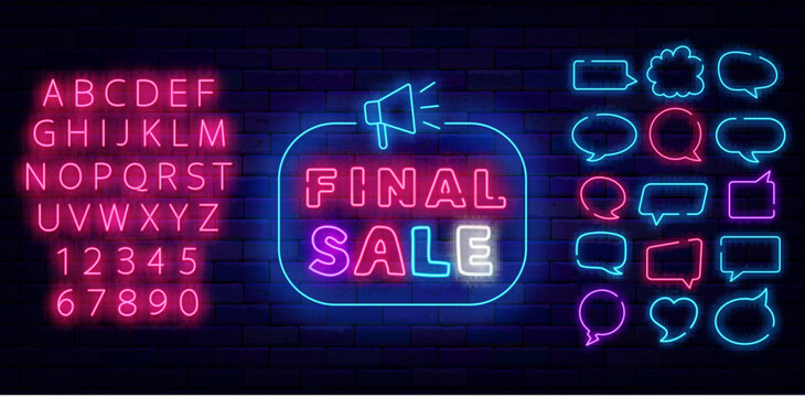 Final Sale neon signboard with loud speaker. Glowing pink alphabet. Vector stock illustration