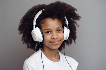 African American child girl hair in white ,wearing big headphones listening to music and smiling generative ai