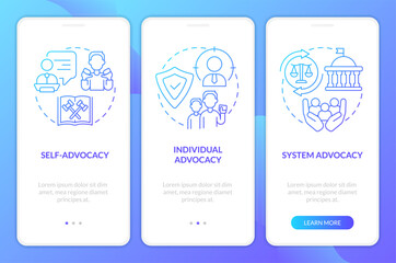 Types of advocacy blue gradient onboarding mobile app screen. Legal protection walkthrough 3 steps graphic instructions with linear concepts. UI, UX, GUI template. Myriad Pro-Bold, Regular fonts used
