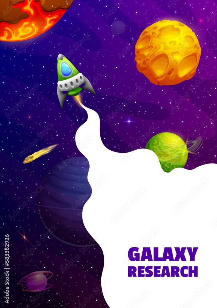 Poster space landing page, rocket launch and galaxy planets. vector background with rocket flying in fantas