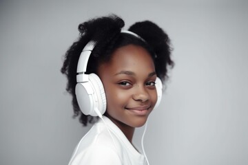 African American child girl hair in white ,wearing big headphones listening to music and smiling generative ai