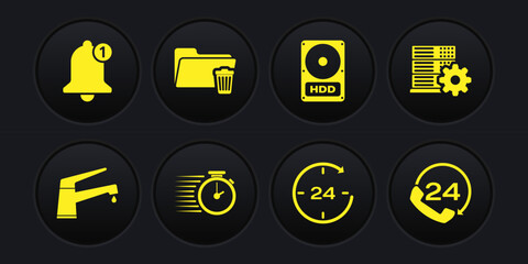Set Water tap, Server setting, Stopwatch, Clock 24 hours, Hard disk drive HDD and Delete folder icon. Vector