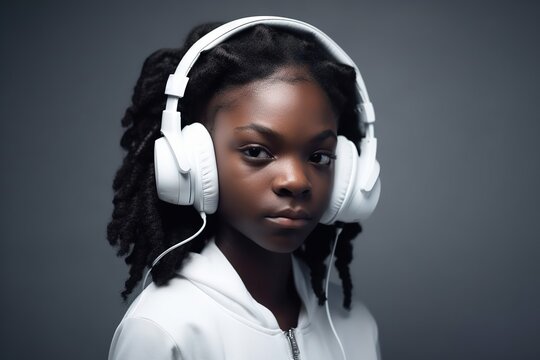 African American child girl hair in white,wearing big headphones listening to music with serious face generative ai