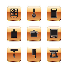 Set Gas stove, Wine corkscrew, Meat chopper, Cooking pot, Cutting board, Scales and Pizza knife icon. Vector