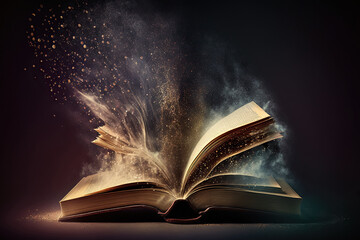 An open very old book with dust flying out of it. Generative AI