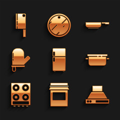 Set Refrigerator, Jam jar, Kitchen extractor fan, Cooking pot, Gas stove, Oven glove, Frying pan and Meat chopper icon. Vector