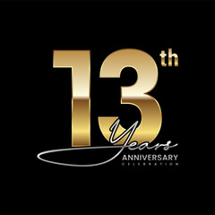 13 year anniversary. Luxury logo with golden number. Handwritten text style. Logo Vector Template