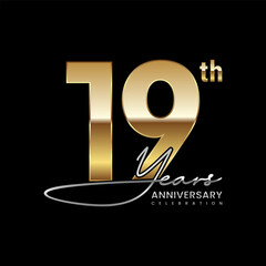 19 year anniversary. Luxury logo with golden number. Handwritten text style. Logo Vector Template