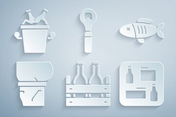 Set Pack of beer bottles, Dried fish, Beer belly, menu, Bottle opener and in ice bucket icon. Vector