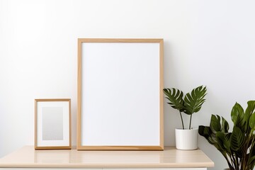 White wall with an empty wooden frame with room for an inscription. timber frame. Generative AI