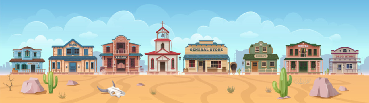 Western wild west town cartoon buildings. Vector Texas cityscape skyline with saloon, church or bank, bar, motel with general store, sheriff and post office. Traditional american architecture exterior
