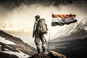 Army soldier holding India flag in hand on the top of the mountain