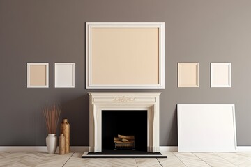 Fireplace beside a colored wall with empty frames and décor. Generative AI
