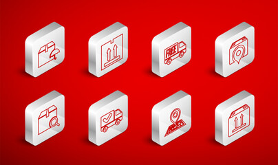 Set line Cardboard box with traffic, Free delivery service, Location cardboard, Placeholder map, Delivery package umbrella, truck check mark and Search icon. Vector