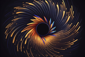 Abstract colorful circular lines on dark blue background, copy negative space, radial moving flow glow, optical art, 3d illustration rendering