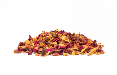 isolated handful of dried rose petals, leaves, buds on white background. Desiccated colorful flower petals for aromatic herbal tea, drink. Horizontal plane, close up, copy space