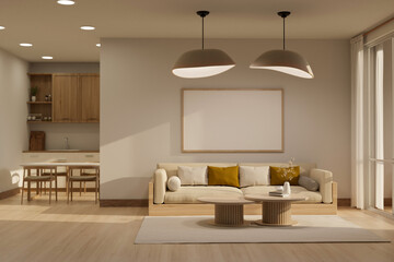 Luxury contemporary living room interior design in white and wood style with a kitchen in the back