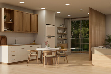 Minimal Scandinavian kitchen with dining space interior design in wood and white material style