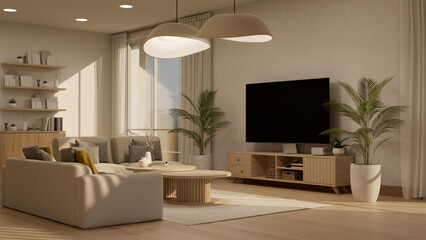 Obraz na płótnie Canvas Cozy contemporary living room interior design with smart TV, pendants, couch, coffee table