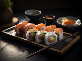 fresh sushi on a plate with incredients and decoration, generative ai