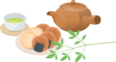 和菓子（せんべい）と緑茶のイメージイラスト