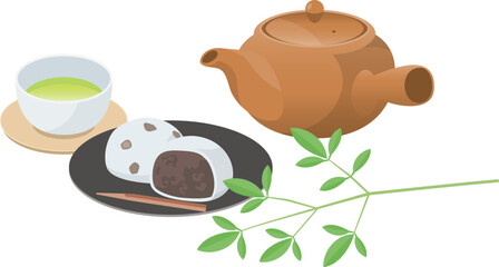 和菓子（大福）と緑茶のイメージイラスト