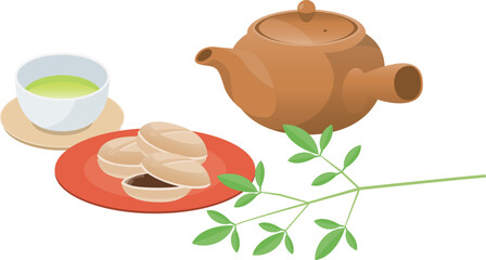 和菓子（もなか）と緑茶のイメージイラスト