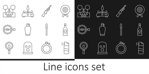 Set line Pepper spray, Bottle of vodka, Shotgun, Canteen water bottle, Trap hunting, Tourist tent, Medieval spear and Camping gas stove icon. Vector