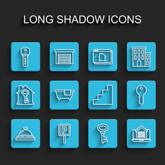 Set line Hotel service bell, Parking, House key, Online real estate house, Bathtub, and Staircase icon. Vector