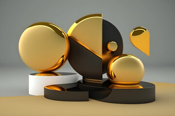 3d render abstract platforms with golden part. Realistic mock up for promotion, banners background, product show