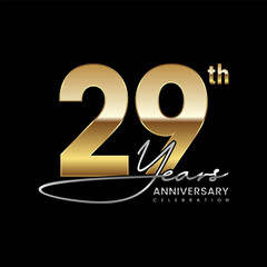 29 year anniversary. Luxury logo with golden number. Handwritten text style. Logo Vector Template