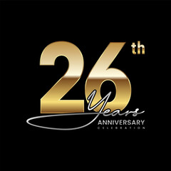 26 year anniversary. Luxury logo with golden number. Handwritten text style. Logo Vector Template