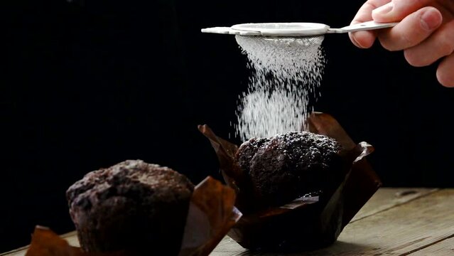 Home Bakery Cake Decoration, Pouring Chocolate Cake With Powdered Sugar