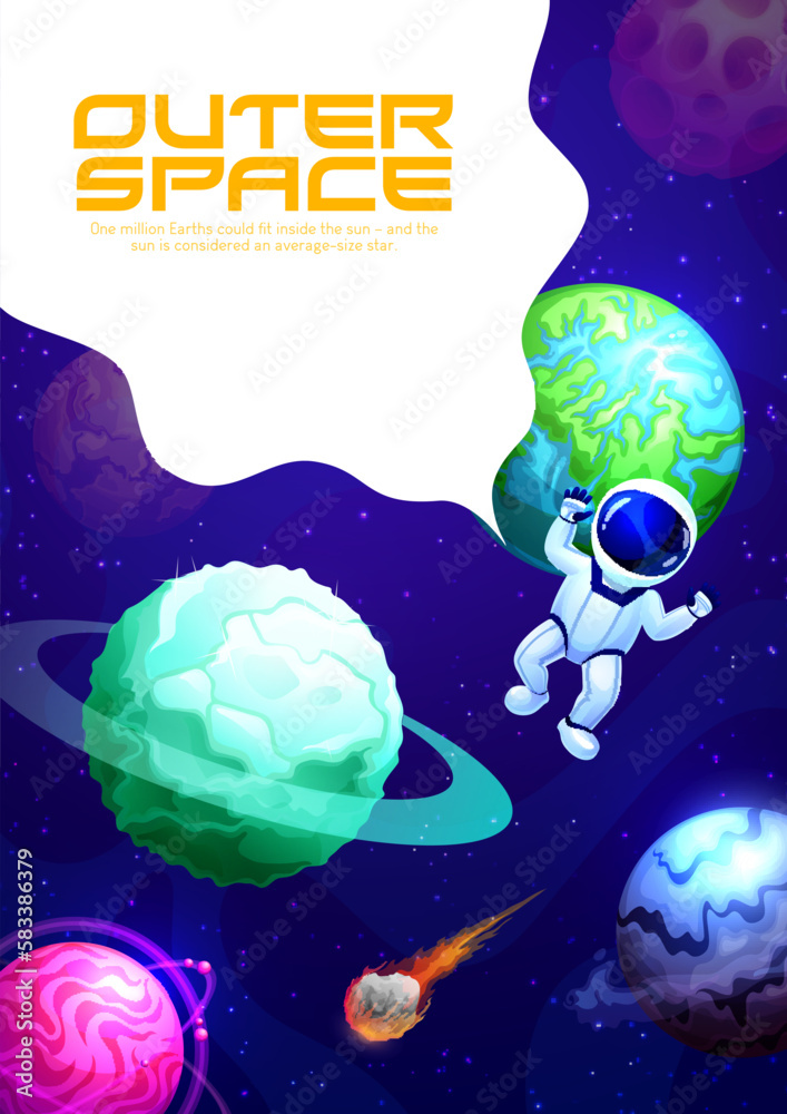 Poster Cartoon space landing page, galaxy planets and spaceman in sky, vector background. Galaxy universe website or web page and landing page template with cosmic astronaut in starry sky with meteorites