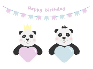 Naklejka premium Panda bear vector illustration. Panda with heart. Birthday invitation. Print on children's clothing. Funny bear.