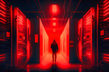 A technician navigates a server room illuminated by warm red tones, safeguarding critical data and infrastructure for uninterrupted operations - obrazy, fototapety, plakaty
