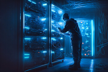 A technician diligently works in a server room bathed in cool blue light, ensuring optimal network performance and stability
