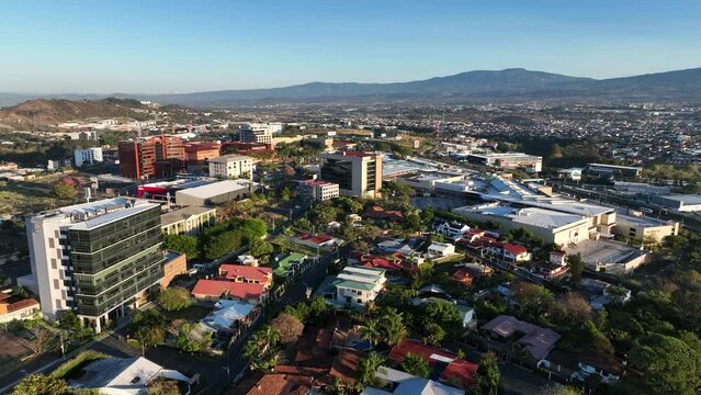 Aerial drone video of the Escazu Village area of Escazu &mdash; a trendy suburb of San Jose, Costa Rica with premium retail, upscale dining, and beautiful houses