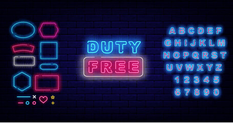 Duty free neon emblem. Simple typography for airport. Geometric frames collection. Vector stock illustration