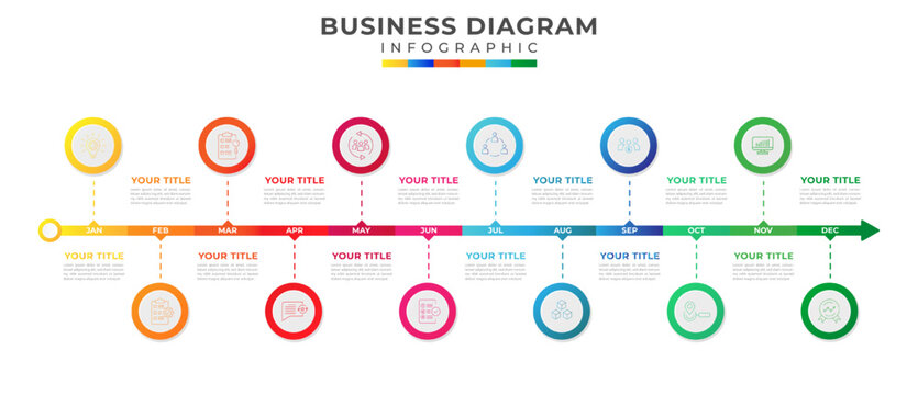 12 Months Calendar Modern Timeline Diagram With Circle And Icon Symbols, Presentation Vector Infographics, Infographics Template For Business.