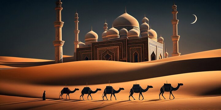 picture of a magnificent and dashing mosque standing in the middle of the desert.