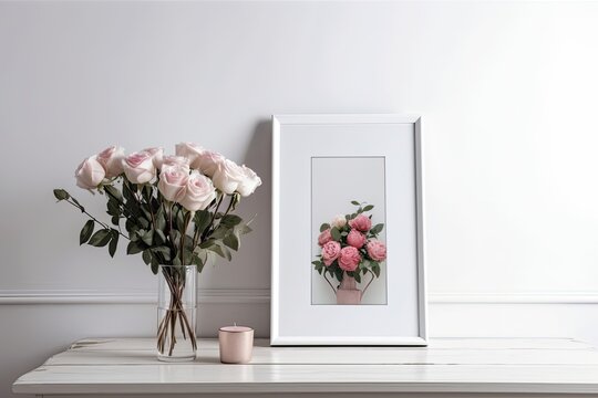 White picture frame mockup in portrait orientation on a hardwood table. roses in a contemporary ceramic vase. white wall as a backdrop Scandinavian style decor. Generative AI